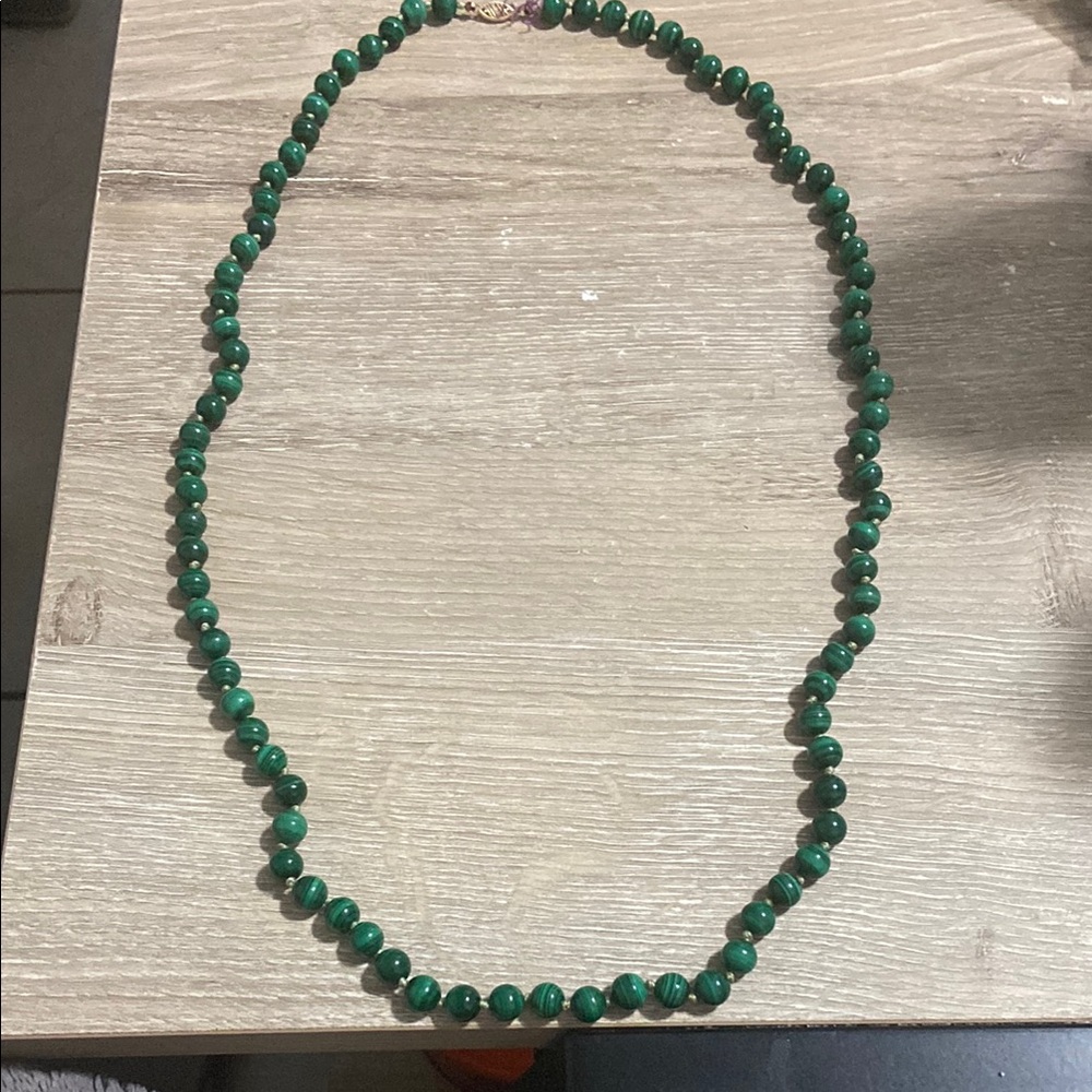 Vintage Green Malachite Beaded Necklace with 14k Stamped Gold Clasp 15”